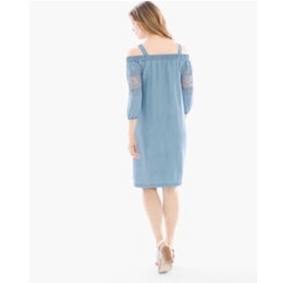 CHICO'S SIZE 0 (US Sz 4) OFF THE SHOULDER EMBROIDERED CHAMBRAY LACE DENIM DRESS - Picture 2 of 14